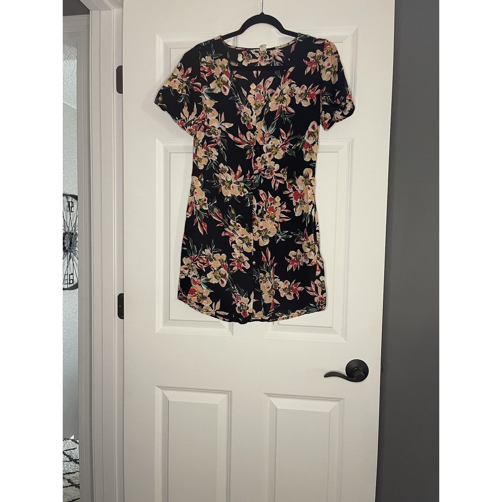 Roxy Damage Love Button Front Mini Dress Small Black W Multi Floral